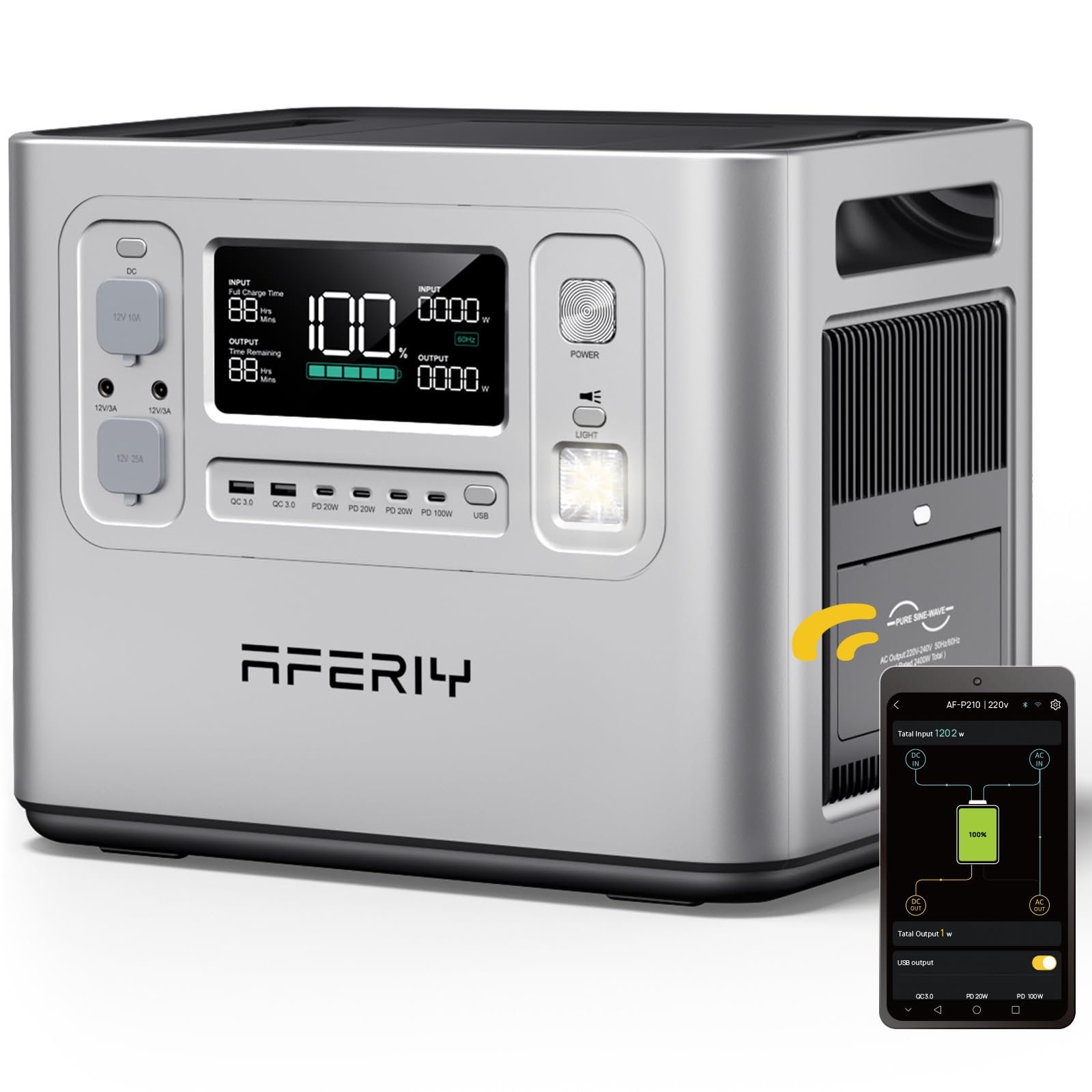 Aferiy power station with digital display and smartphone app on a white background