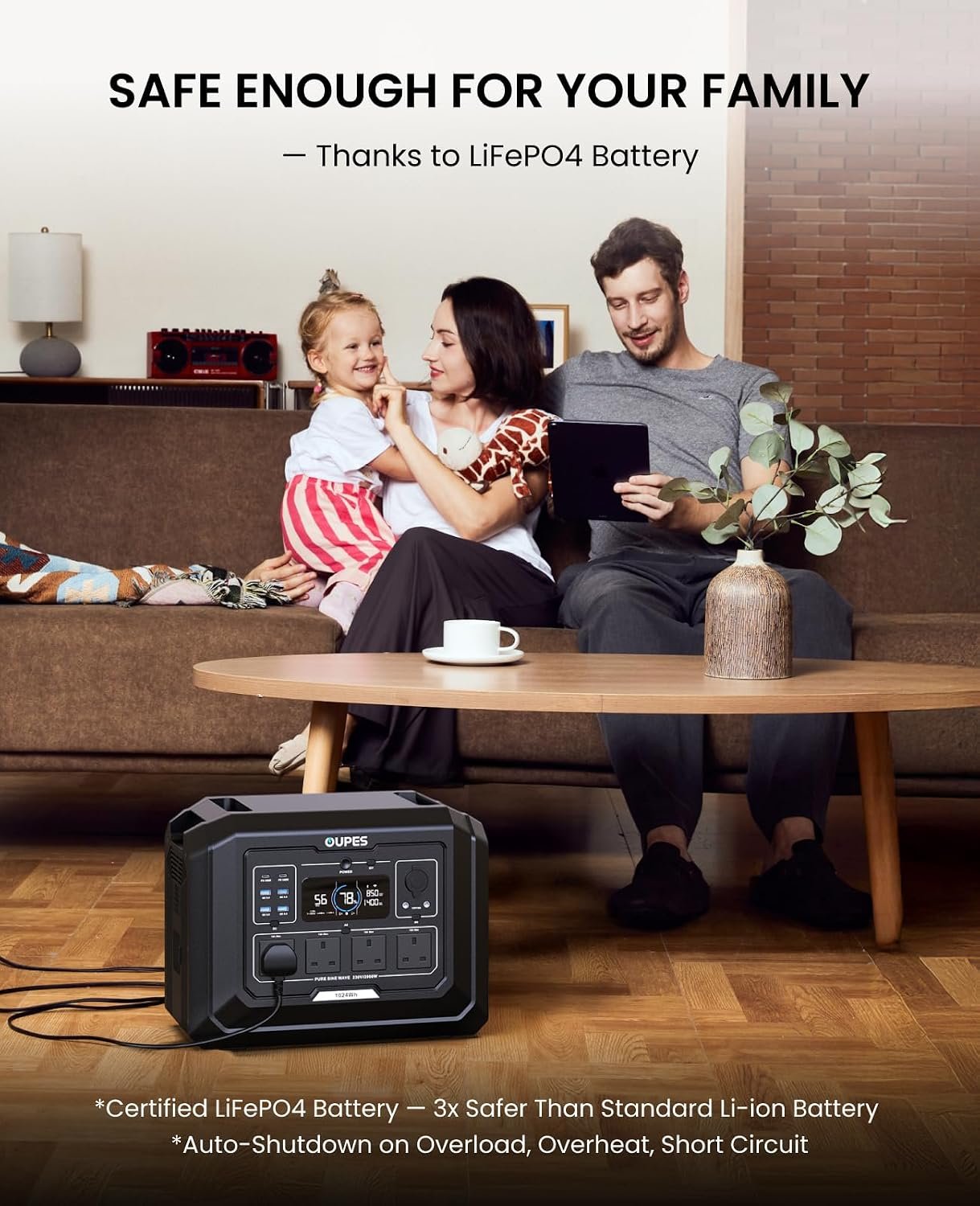 A portable power station shown in a living room setting with a family sitting on a couch in the background, with text overlays highlighting its safe lithium iron phosphate battery.