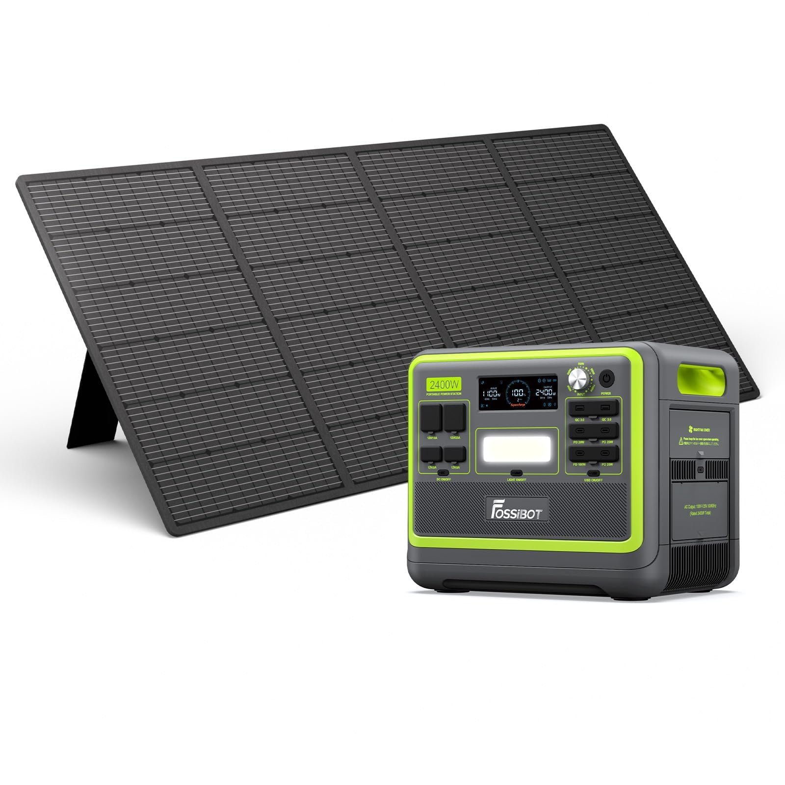 A portable power station and folding solar panel bundle on a clean white background. The power station is dark gray with bright lime green trim and a digital display screen, and the solar panel is also dark gray/black.